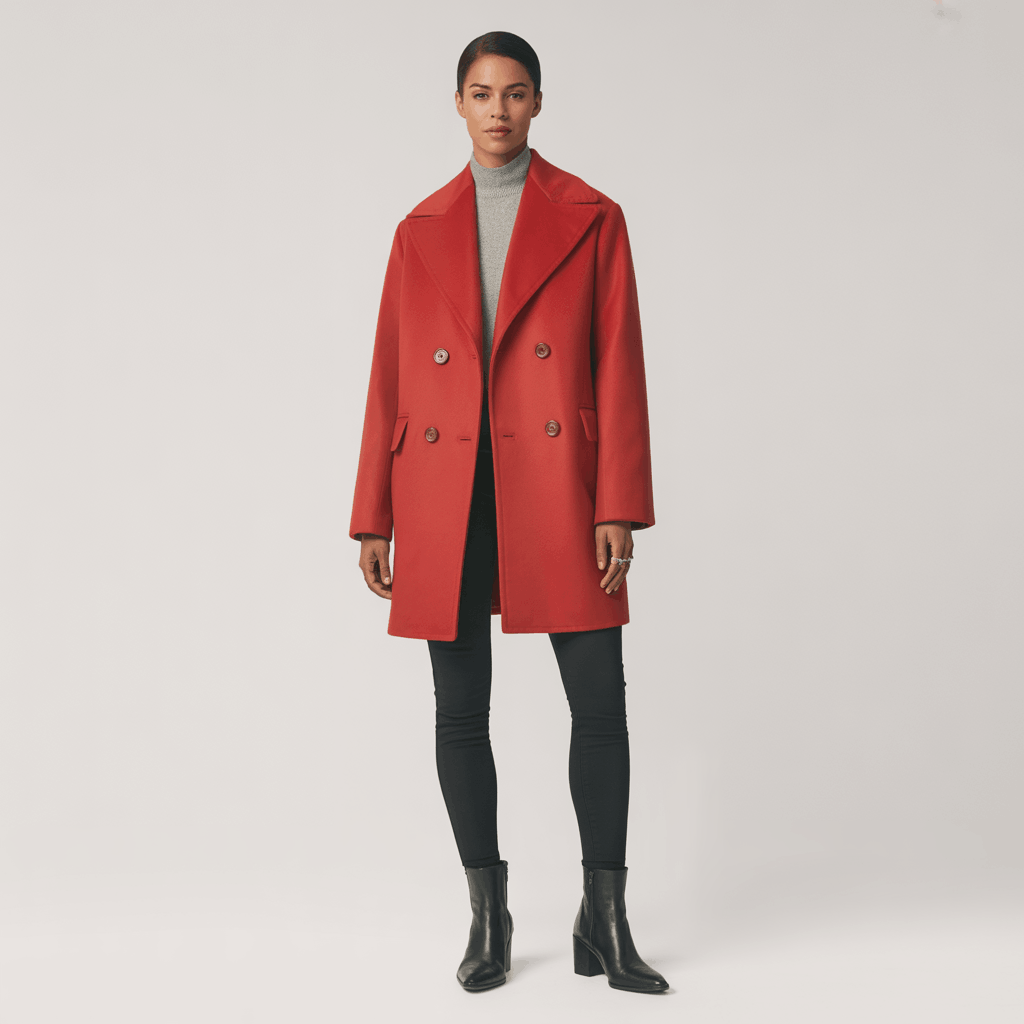 Red coat outfit with black skinny jeans and crisp white shirt