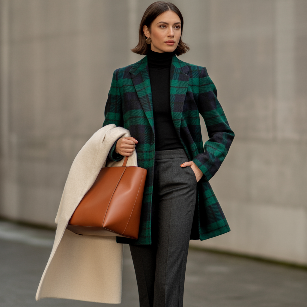 Long coat styling with slim knits and streamlined base layers