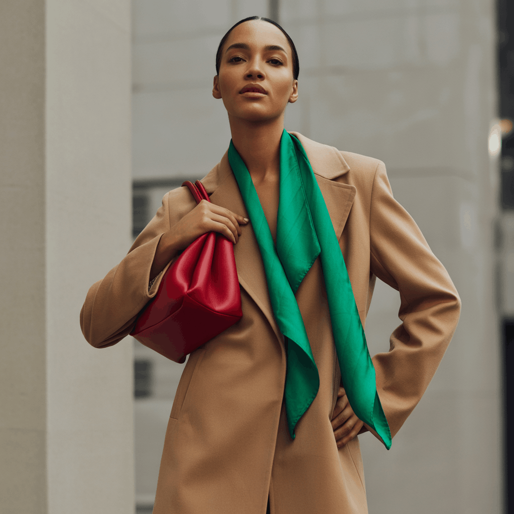 How to Style a Colourful Coat: Bold Winter Outfits That Look Chic 9 Neutral coat outfit with bold accessories for a pop of color