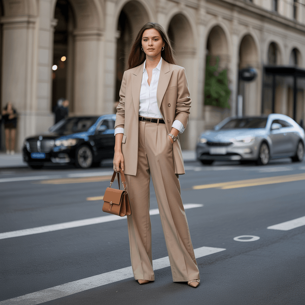 Modern power dressing outfit finished with clean belt, structured bag, and subtle jewelry