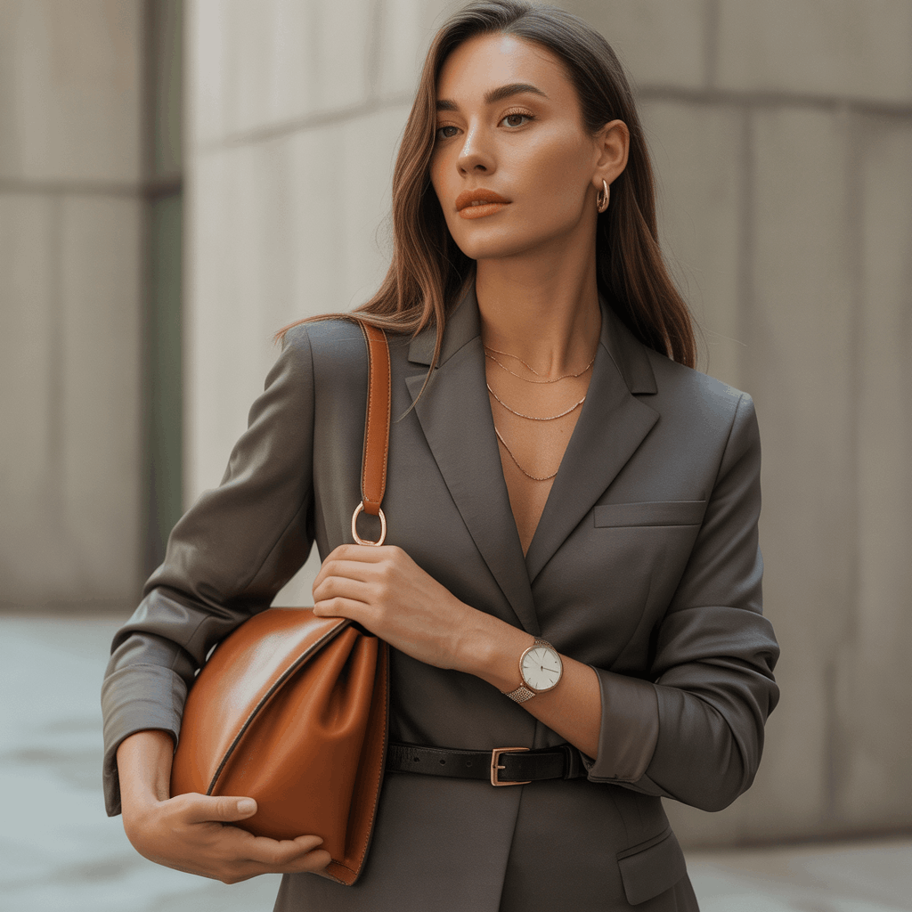 Minimalist accessories for power dressing: sleek handbag, belt, classic watch, and simple jewelry