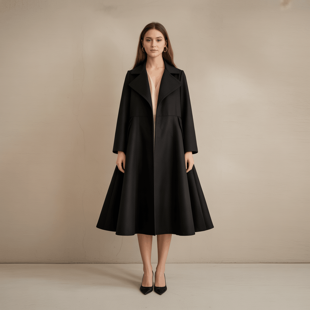 Long swing coat outfit with flowing shape and flattering movement