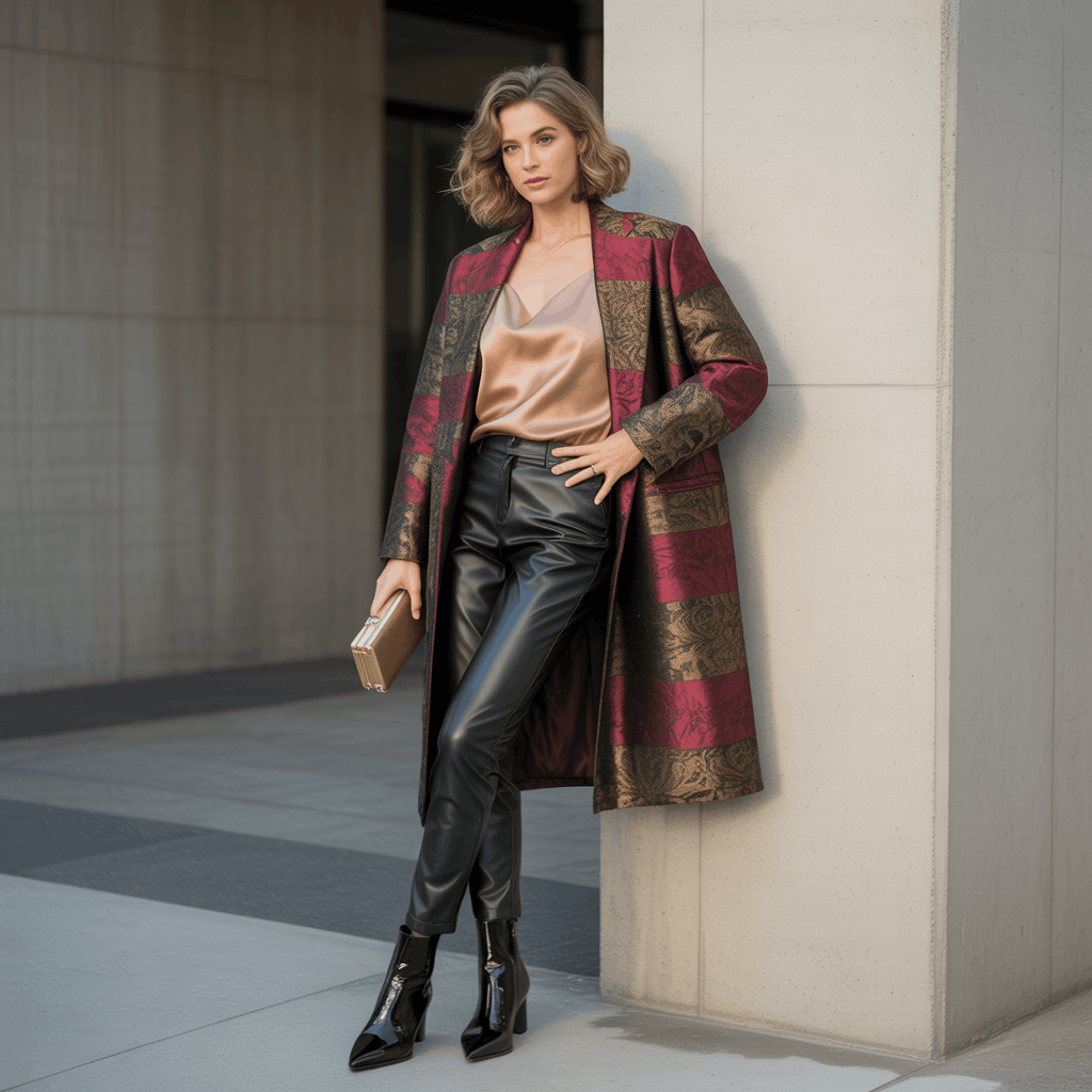 Tapestry Jacket Outfit Ideas: A 5-Step Guide to Fit, Style & Longevity 18 How to avoid bulk: voluminous outerwear balanced with sleek faux leather pants and fitted top
