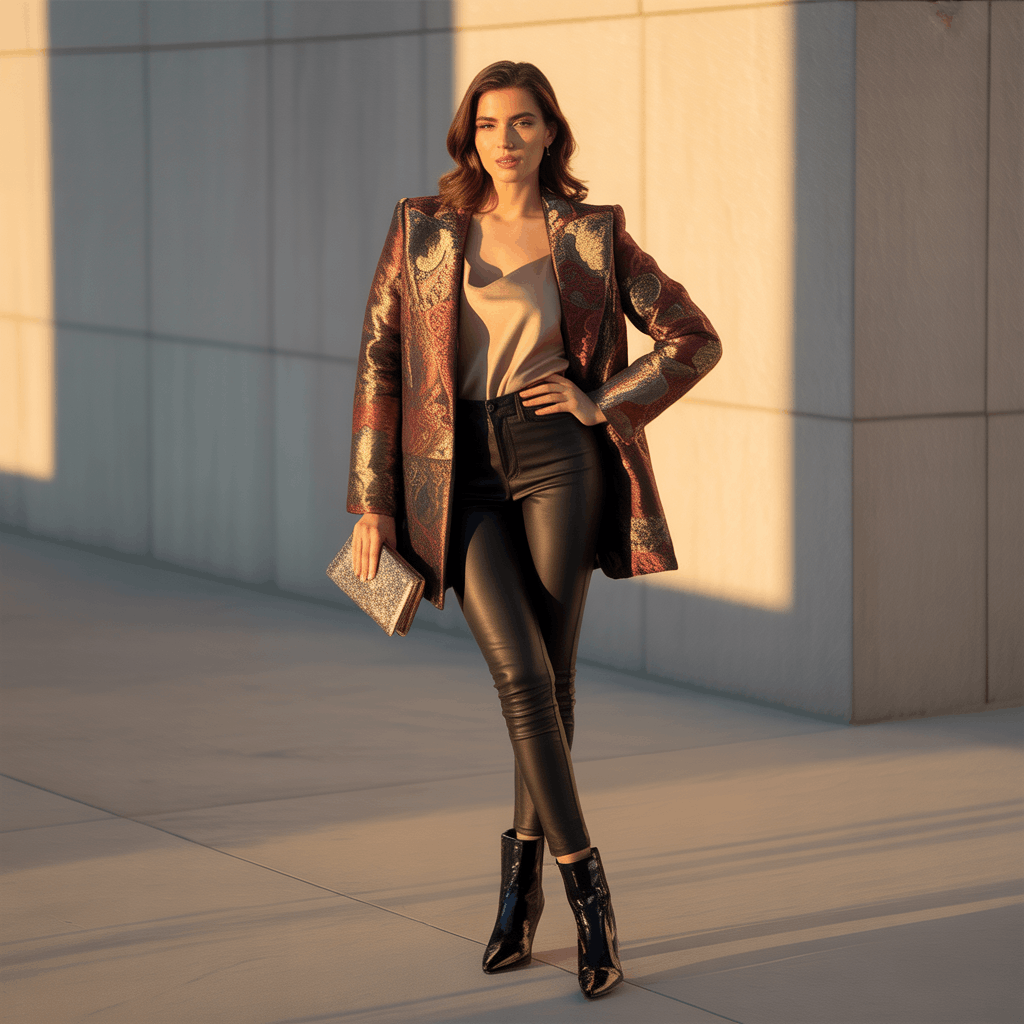 Tapestry Jacket Outfit Ideas: A 5-Step Guide to Fit, Style & Longevity 16 Textural contrast outfit: tapestry coat with satin skirt and patent leather accessories