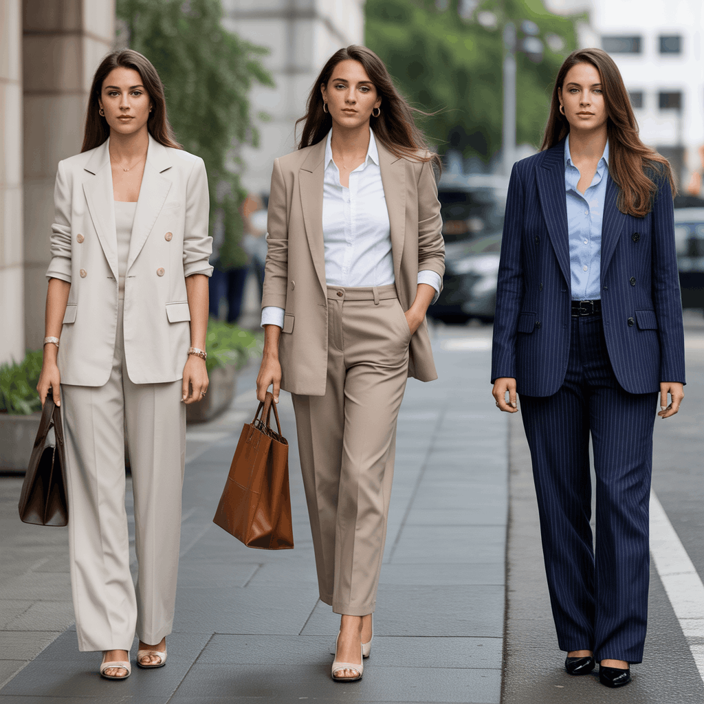 Business professional women dress look with structured blazer, tailored trousers, and versatile layering