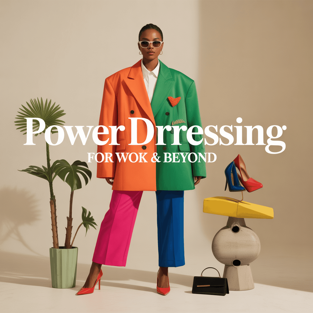 Creative power outfit with bold textures and asymmetrical silhouette for modern authority