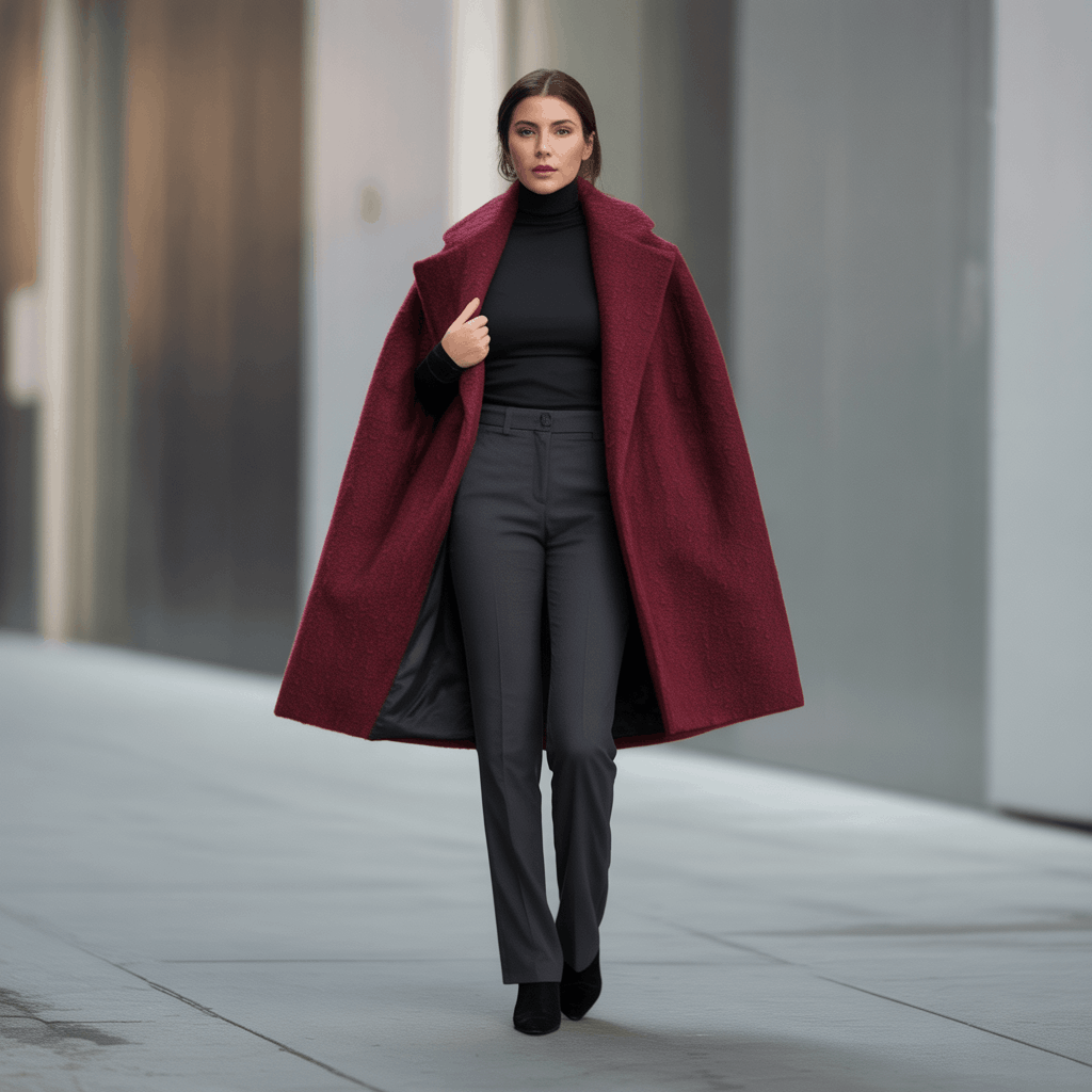 Dramatic coat silhouette with sleek base layers for a sharp look