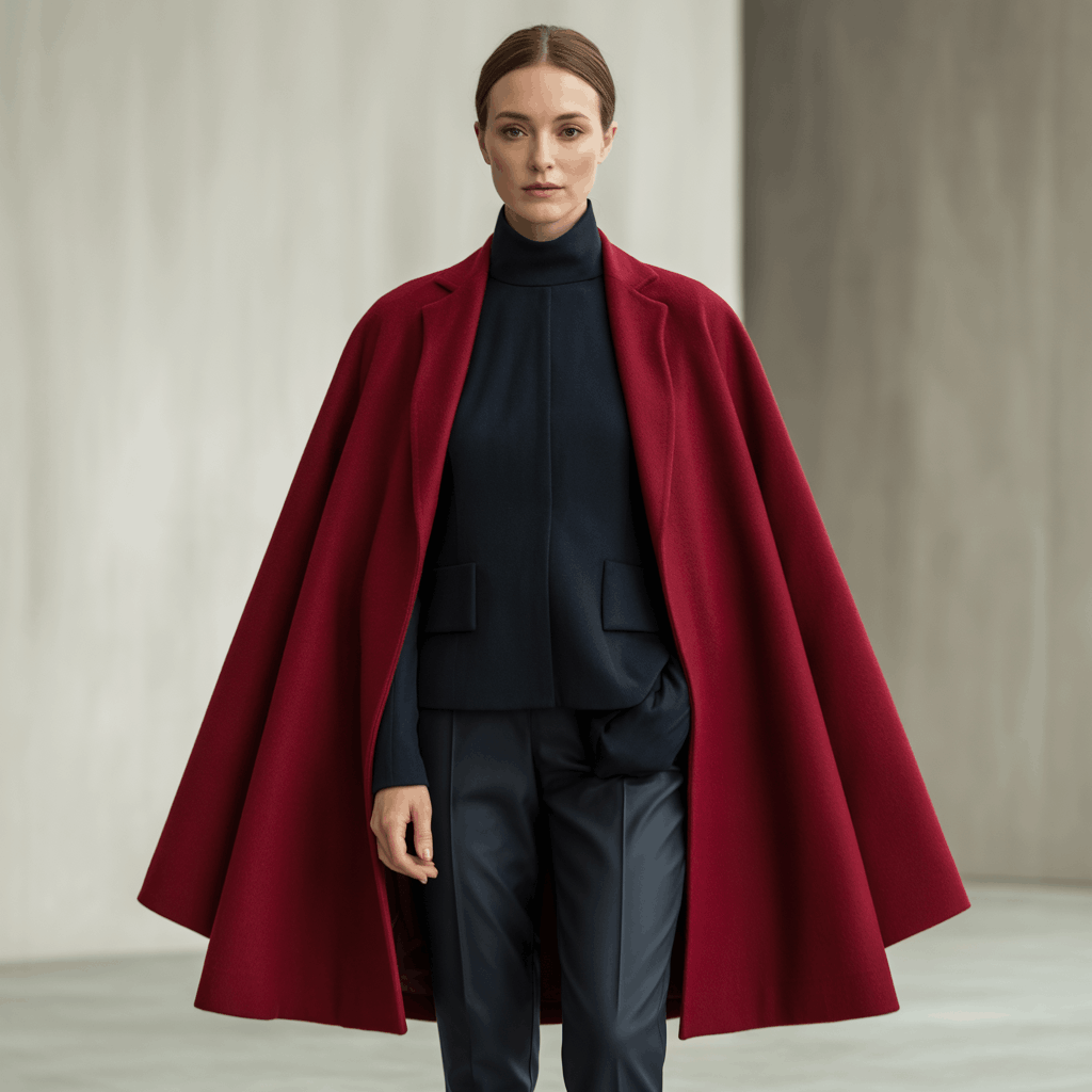 Oversized statement coat styled with fitted turtleneck and slim trousers