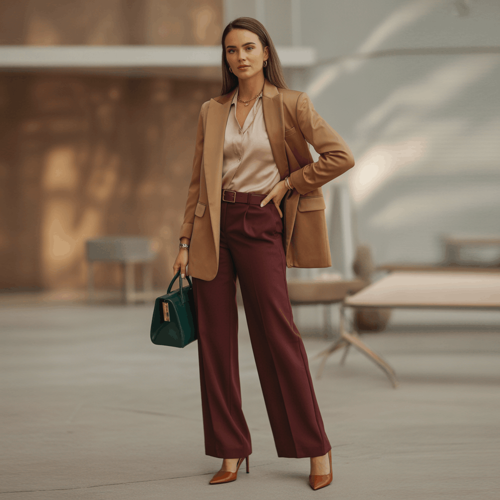 Power dressing fashion outfit using soft neutrals and earthy accents for a sophisticated look