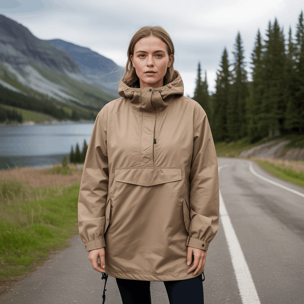Short anorak coat outfit with no full front opening for practical winter wear