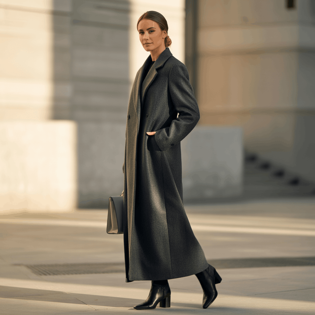 Full-length wool overcoat for winter styled for classic elegance