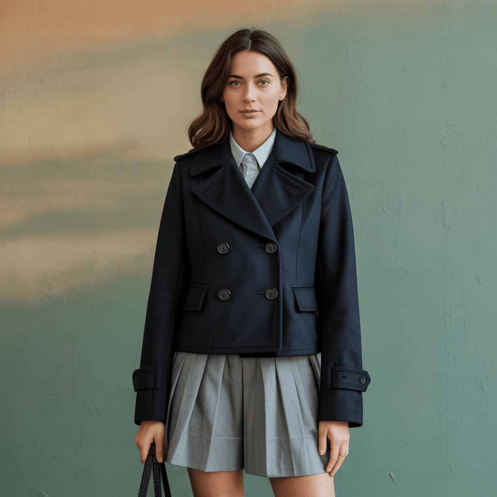 Double-breasted wool pea coat with large lapels and sharp silhouette