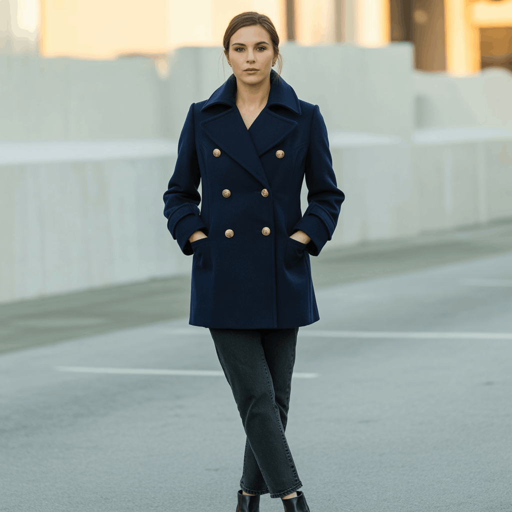 Navy-inspired pea coat outfit styled for polished winter looks