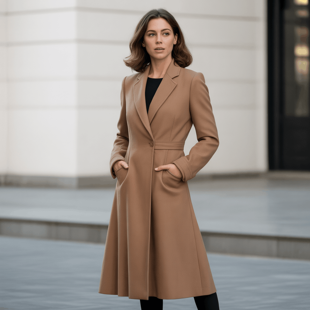Knee-length topcoat layered over a simple outfit for year-round wear