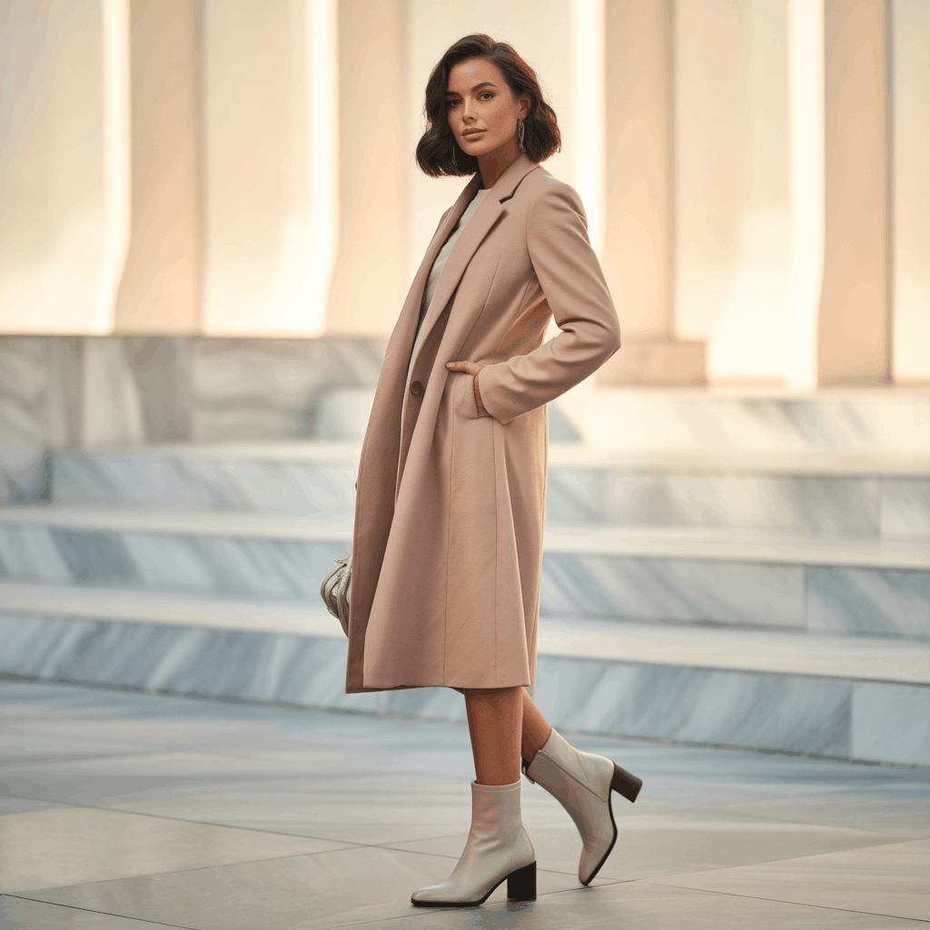 Knee-length topcoat layered over a simple outfit for year-round wear