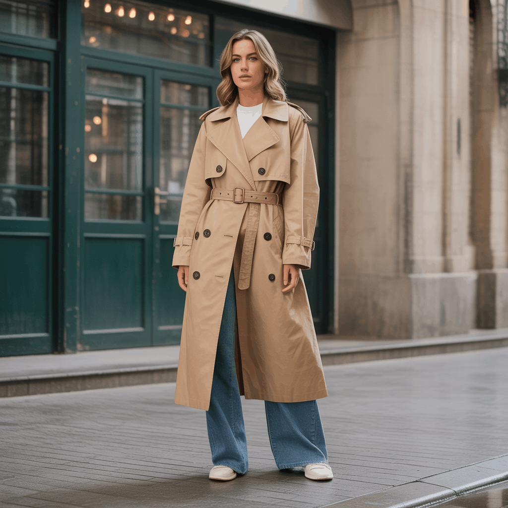 Water-resistant trench coat styled as a classic transitional outerwear layer