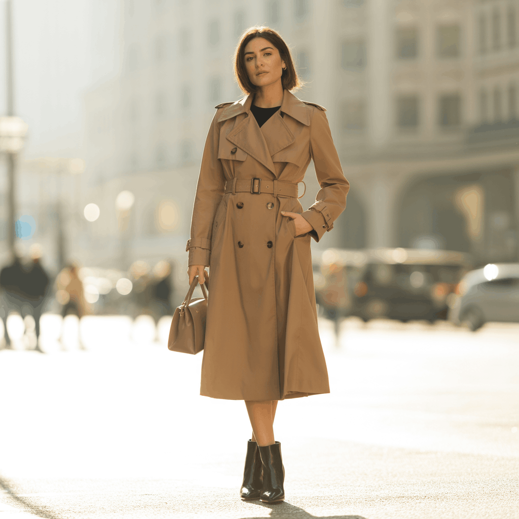 Trench Coat: A timeless, double-breasted structured overcoat secured by a belt. It’s instantly recognizable by its wide lapels and water-resistant fabric, making it a go-to for style winter coats in transitional, rainy weather.