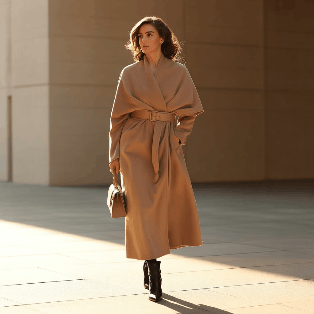 Belted wrap coat styled to accentuate the waist with a soft silhouette