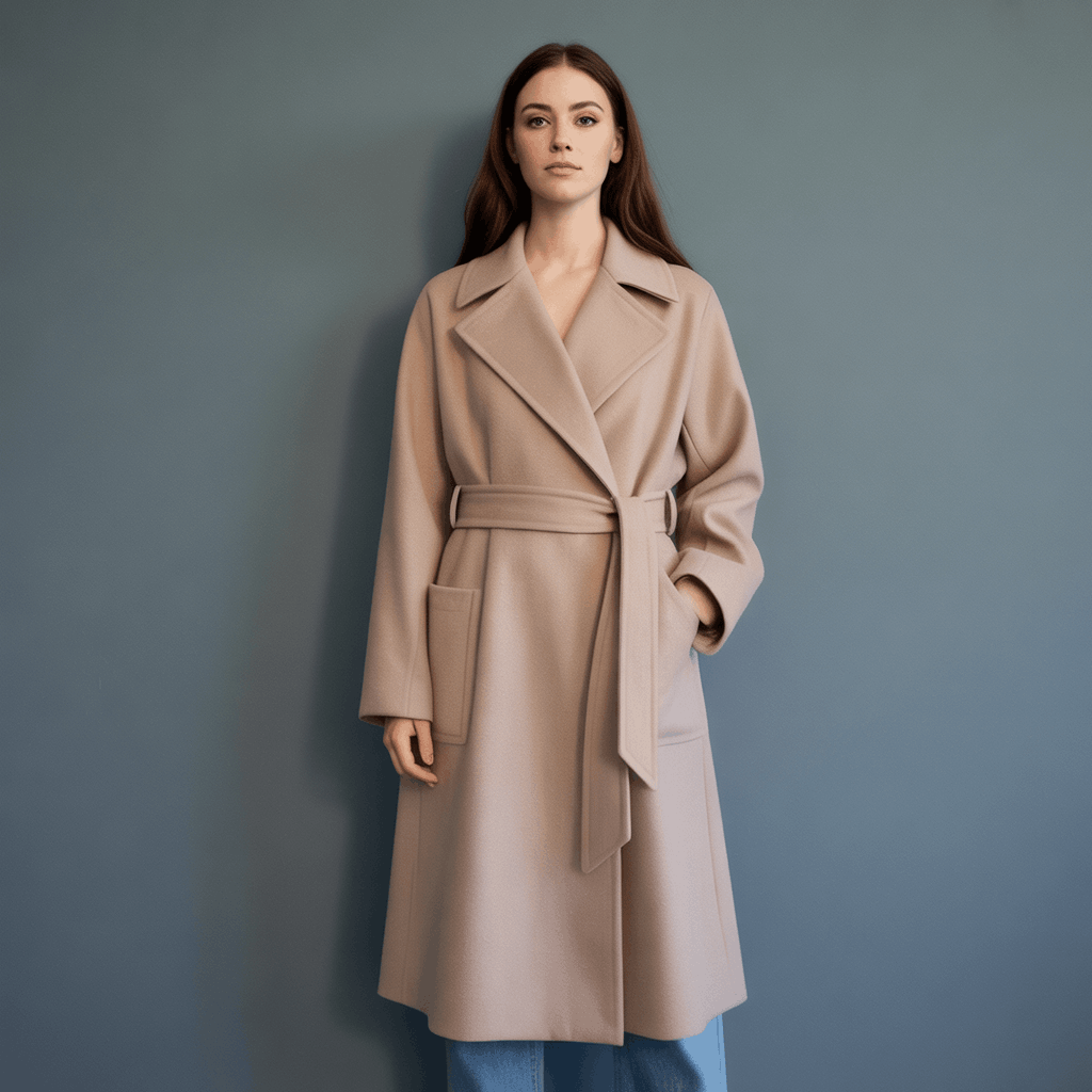 Winter coat styling with a belted wrap coat that defines the waist