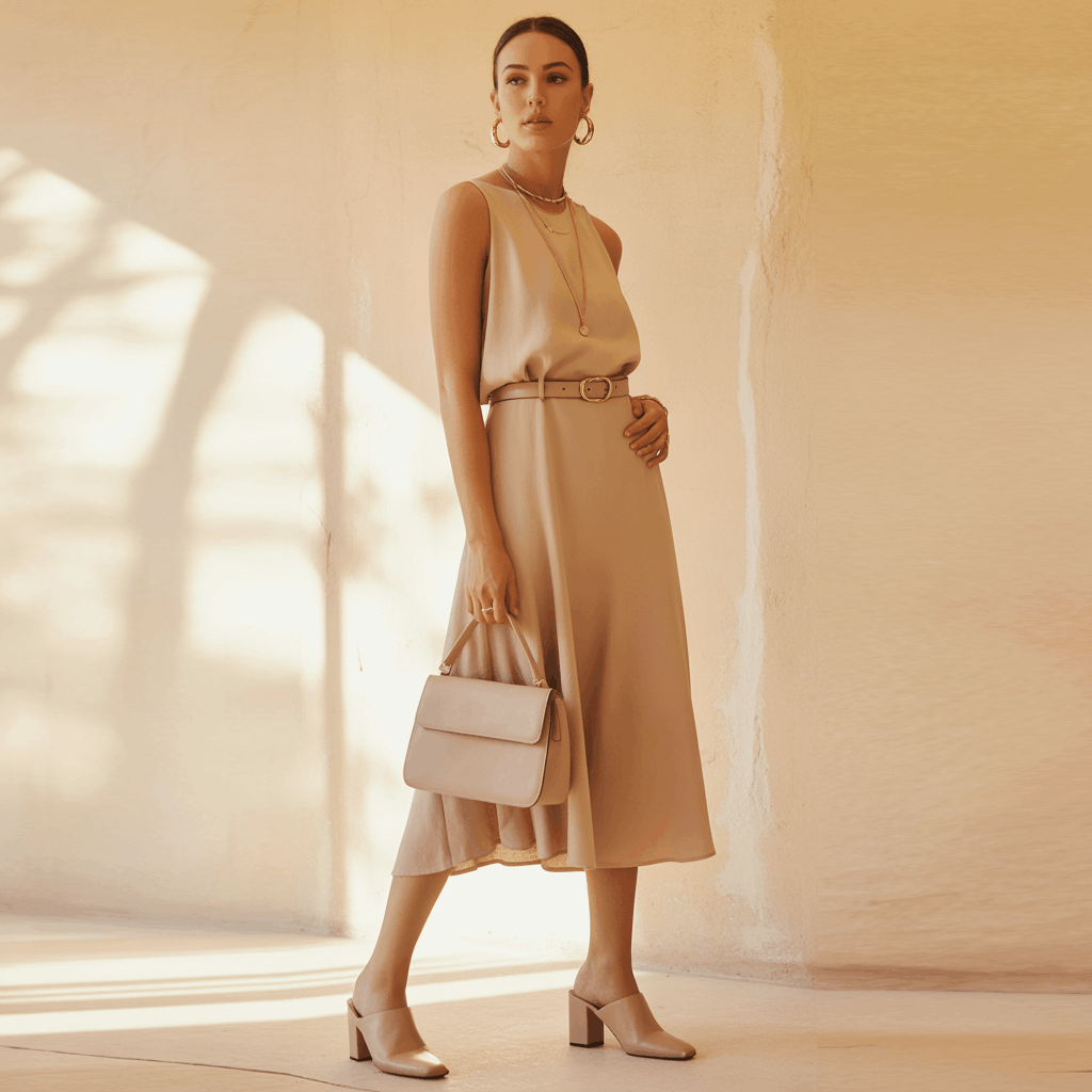 32 Elegant Beige Outfits for Women With a Classic, Old-Money-Inspired Feel 46 Beige outfit styled with light-gold jewelry, a minimal handbag, and classic shoes for a refined neutral accessories look.