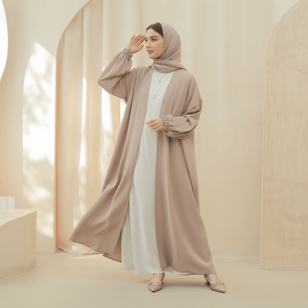 32 Elegant Beige Outfits for Women With a Classic, Old-Money-Inspired Feel 27 Woman in a beige abaya and white inner dress styled as a refined modest neutral outfit with soft layered tones.
