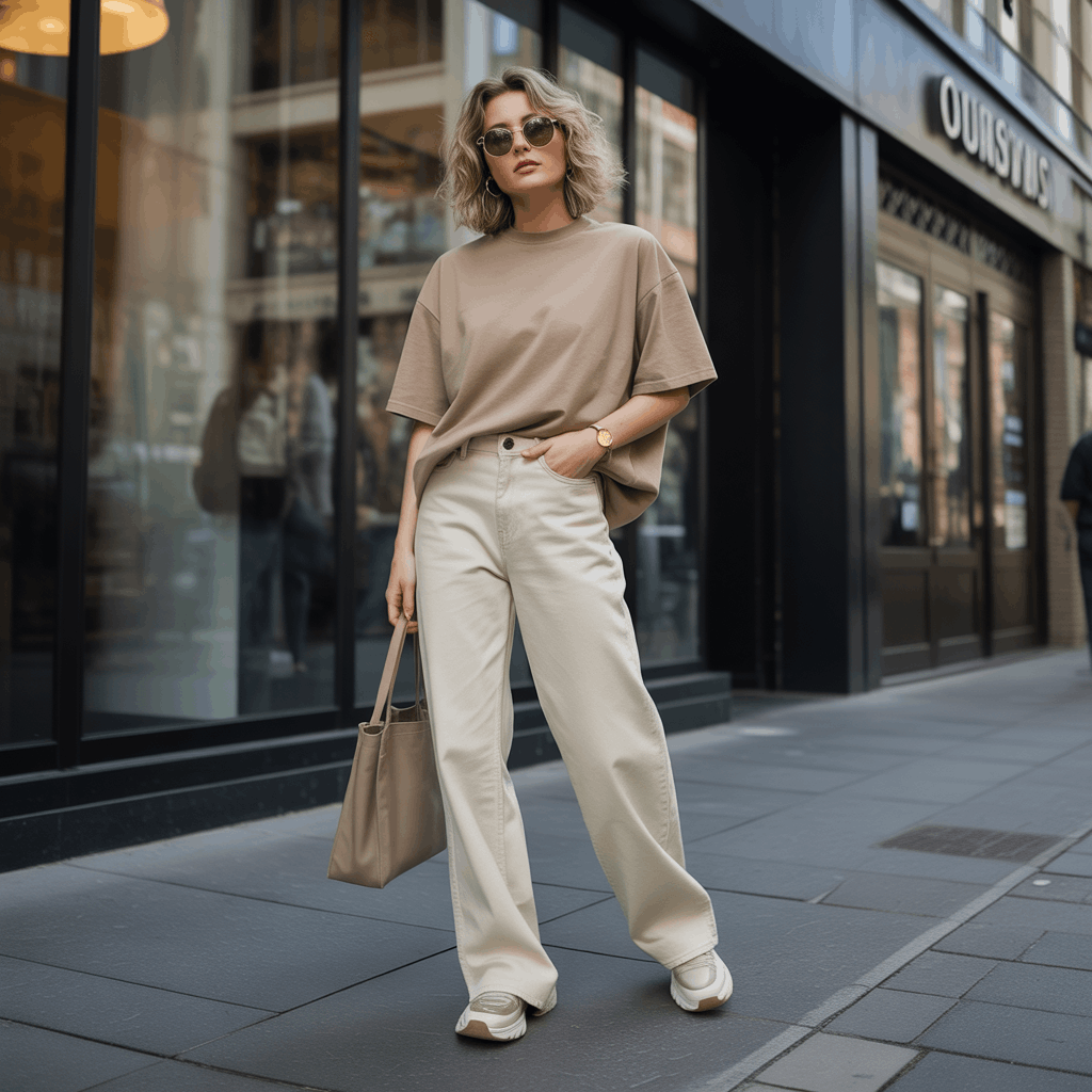 32 Elegant Beige Outfits for Women With a Classic, Old-Money-Inspired Feel 9 Woman in beige baggy jeans and an oversized beige T-shirt for a relaxed, modern city outfit