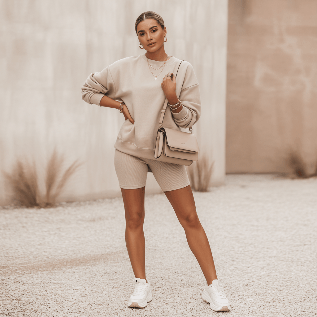 32 Elegant Beige Outfits for Women With a Classic, Old-Money-Inspired Feel 36 Woman in beige biker shorts and an oversized sweatshirt wearing a casual athleisure beige outfit.