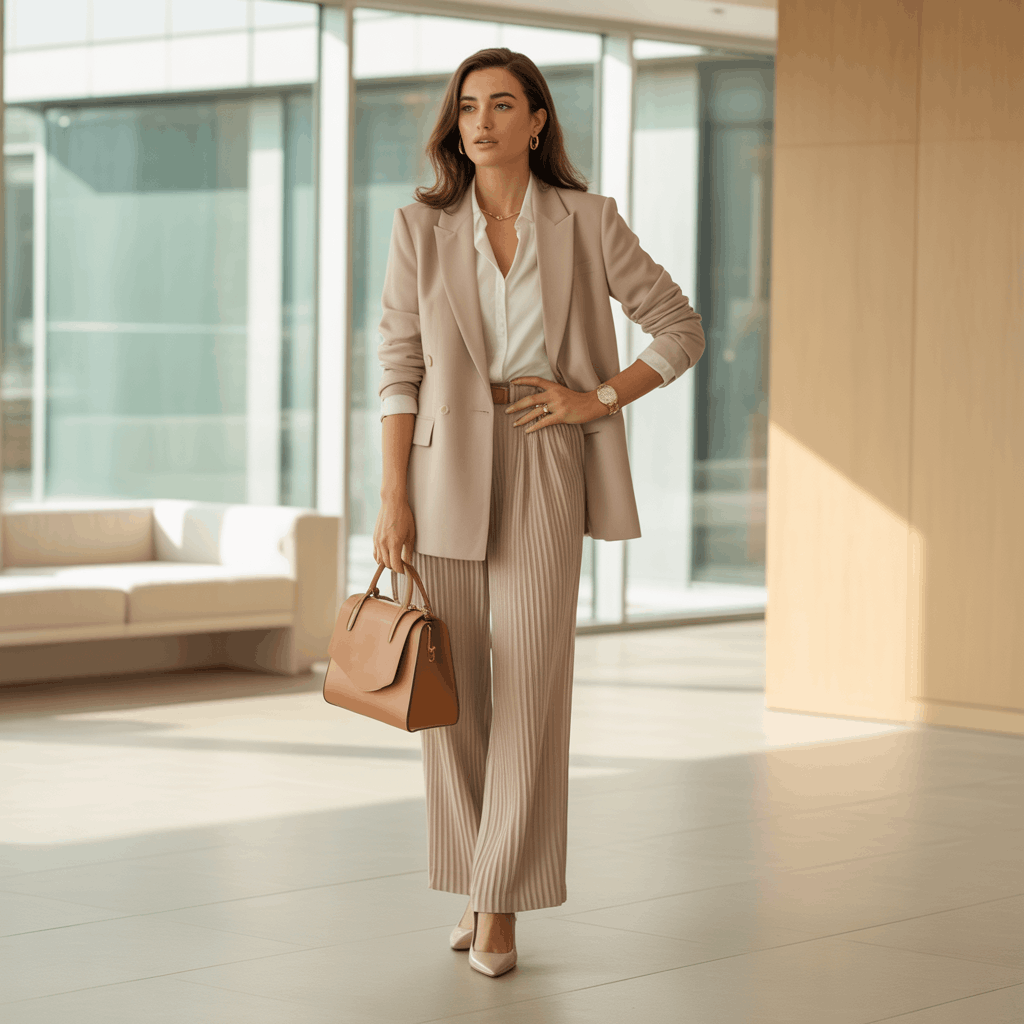 32 Elegant Beige Outfits for Women With a Classic, Old-Money-Inspired Feel 29 Woman in a beige blazer, pleated trousers, and a light shirt styled as a polished professional beige outfit.