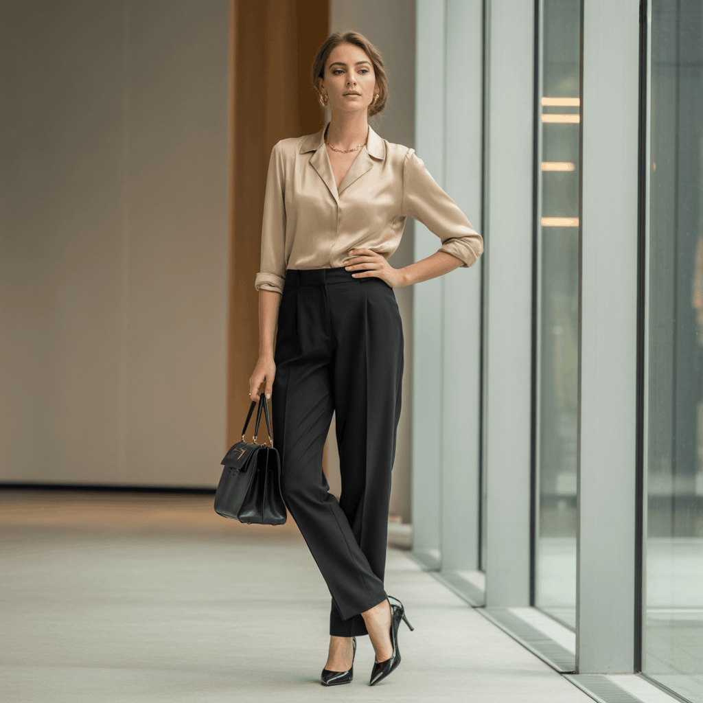 32 Elegant Beige Outfits for Women With a Classic, Old-Money-Inspired Feel 80 Woman in a beige blouse and black trousers styled as a sharp office beige outfit.