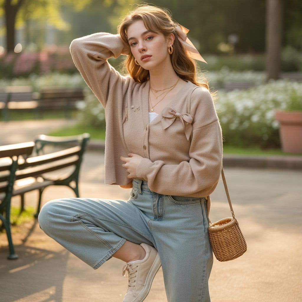 32 Elegant Beige Outfits for Women With a Classic, Old-Money-Inspired Feel 51 Woman in a beige bow cardigan and light jeans wearing a sweet soft-girl beige outfit.