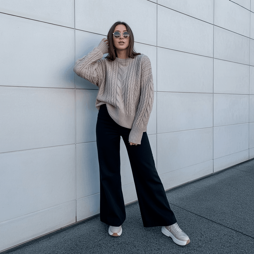 32 Elegant Beige Outfits for Women With a Classic, Old-Money-Inspired Feel 17 Woman in a beige cable-knit sweater and black wide-leg pants styled in a polished old money fashion style.
