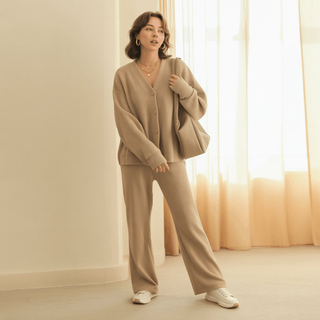 32 Elegant Beige Outfits for Women With a Classic, Old-Money-Inspired Feel 48 Woman in a beige cardigan set and tennis shoes wearing a clean Korean beige outfit.