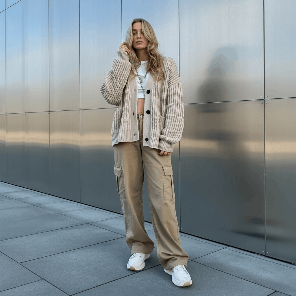 32 Elegant Beige Outfits for Women With a Classic, Old-Money-Inspired Feel 22 Woman in a beige chunky cardigan and cargo pants styled as a modern casual beige outfit with cozy texture.