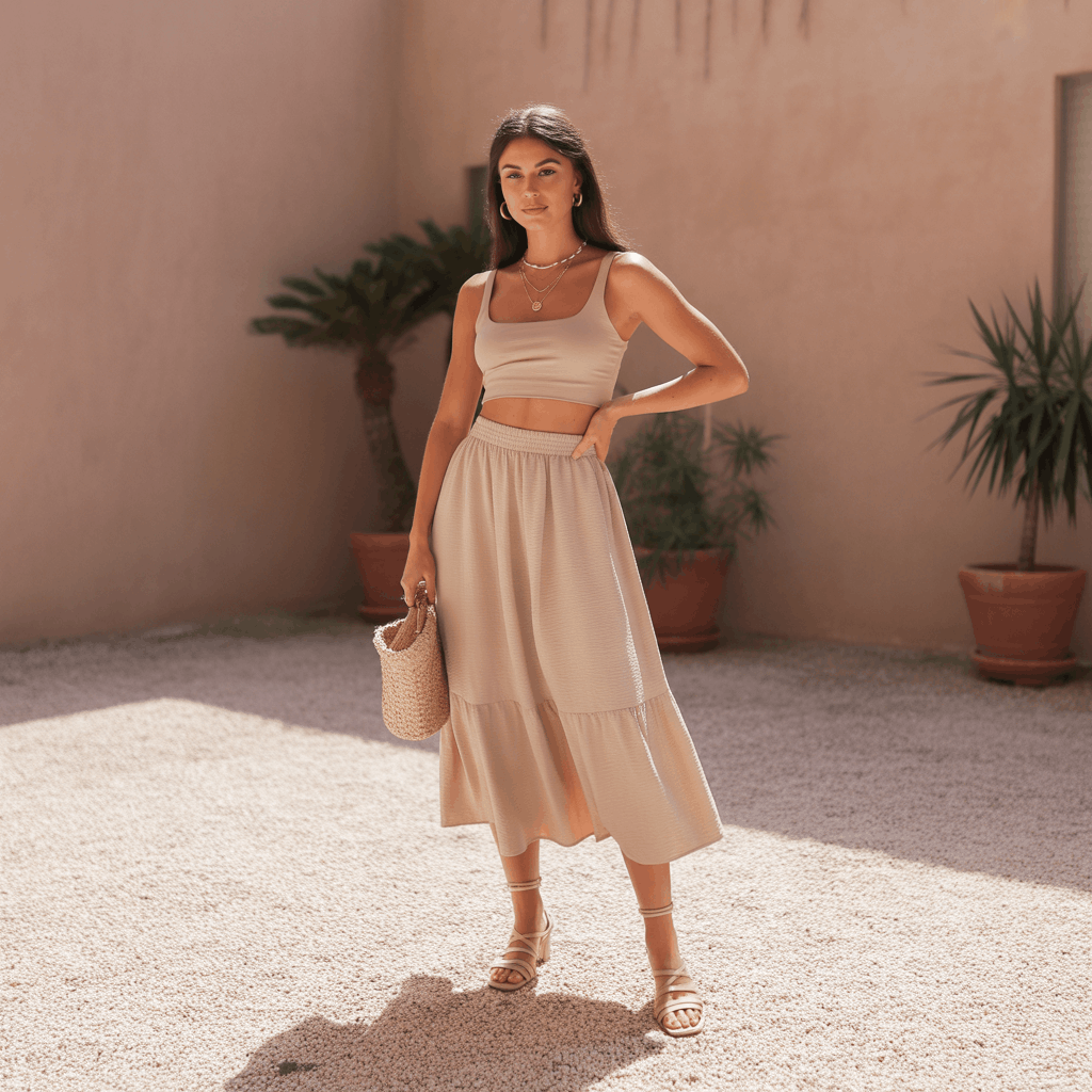 32 Elegant Beige Outfits for Women With a Classic, Old-Money-Inspired Feel 42 Woman in a beige crop top and flowing skirt styled as an airy monochrome beige outfit.