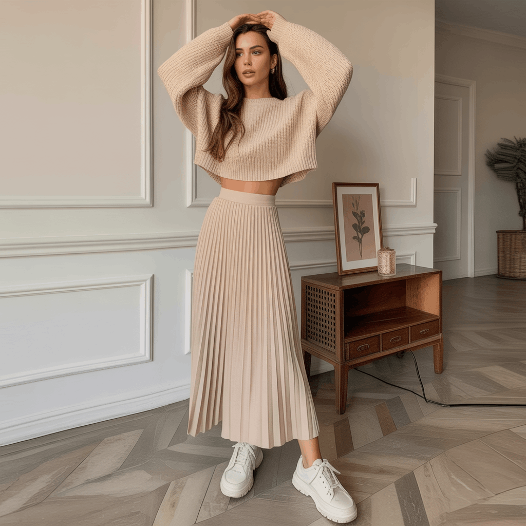 32 Elegant Beige Outfits for Women With a Classic, Old-Money-Inspired Feel 19 Woman in a beige cropped sweater and high-waist skirt styled with a chic beige top for a casual daytime look.