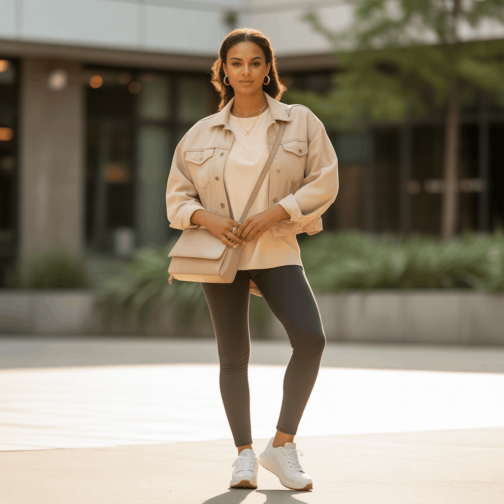32 Elegant Beige Outfits for Women With a Classic, Old-Money-Inspired Feel 84 Woman in a beige denim jacket, tee, and leggings wearing an easy college beige outfit.