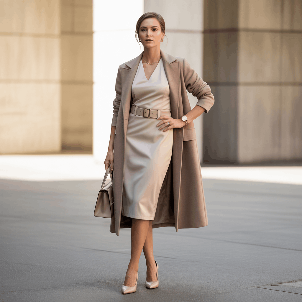 32 Elegant Beige Outfits for Women With a Classic, Old-Money-Inspired Feel 81 Woman in a beige dress with a belted coat wearing a smart professional beige look.