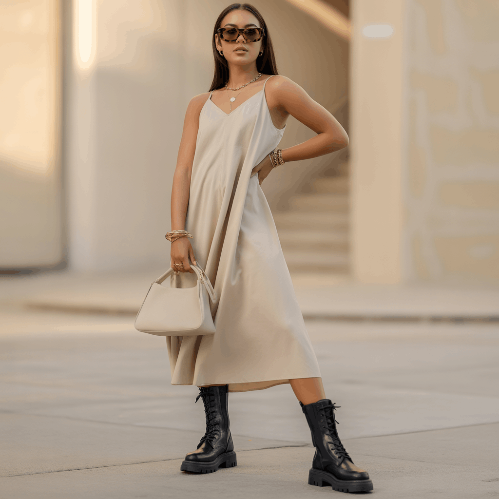 32 Elegant Beige Outfits for Women With a Classic, Old-Money-Inspired Feel 93 Woman in a beige dress and chunky boots wearing an edgy neutral fashion outfit.