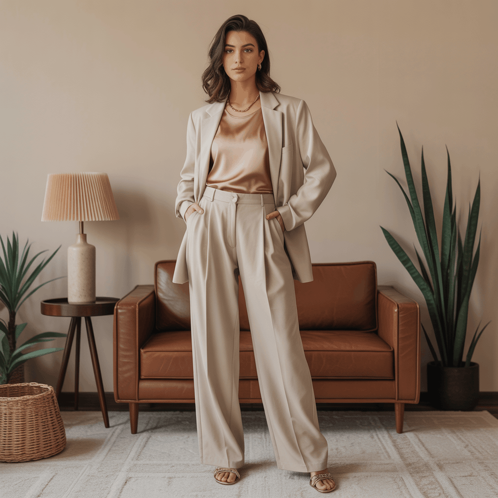 32 Elegant Beige Outfits for Women With a Classic, Old-Money-Inspired Feel 30 Woman in beige dress pants and a silk top styled as an elegant office beige outfit with a polished finish.