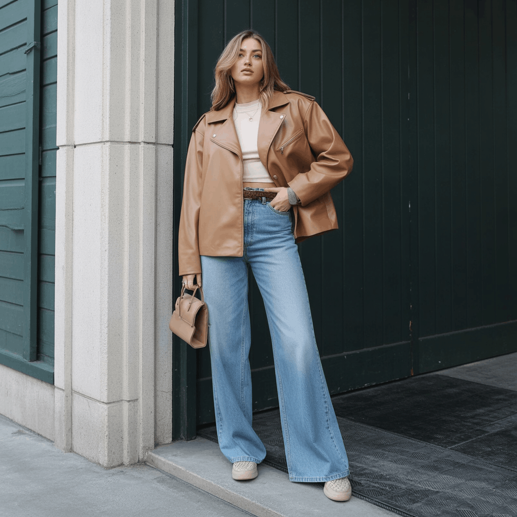 32 Elegant Beige Outfits for Women With a Classic, Old-Money-Inspired Feel 23 Woman in a beige faux leather jacket and jeans styled as a chic streetwear beige outfit with a soft neutral edge.