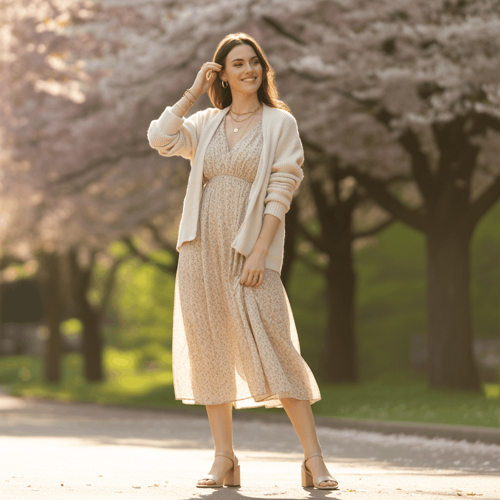 32 Elegant Beige Outfits for Women With a Classic, Old-Money-Inspired Feel 14 Woman in a beige floral dress and light cardigan styled as one of the most elegant old money dresses for spring.