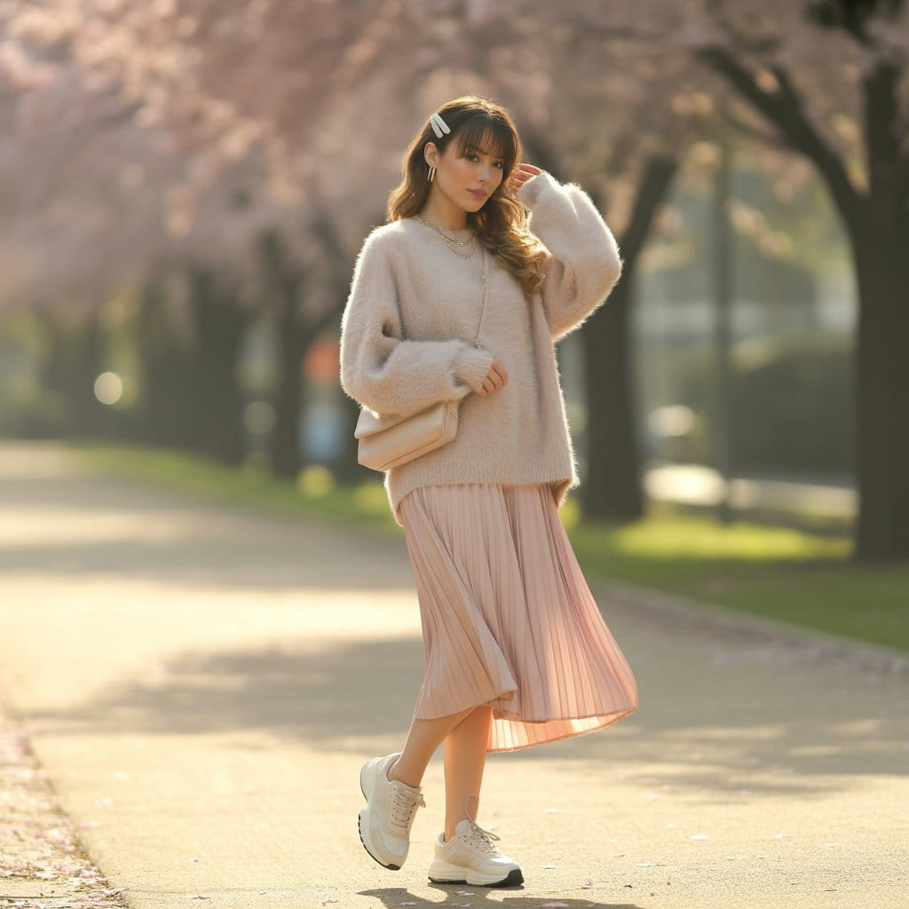 32 Elegant Beige Outfits for Women With a Classic, Old-Money-Inspired Feel 50 Woman in a beige fluffy sweater and pastel skirt styled with soft pastel colors clothes for a feminine look.