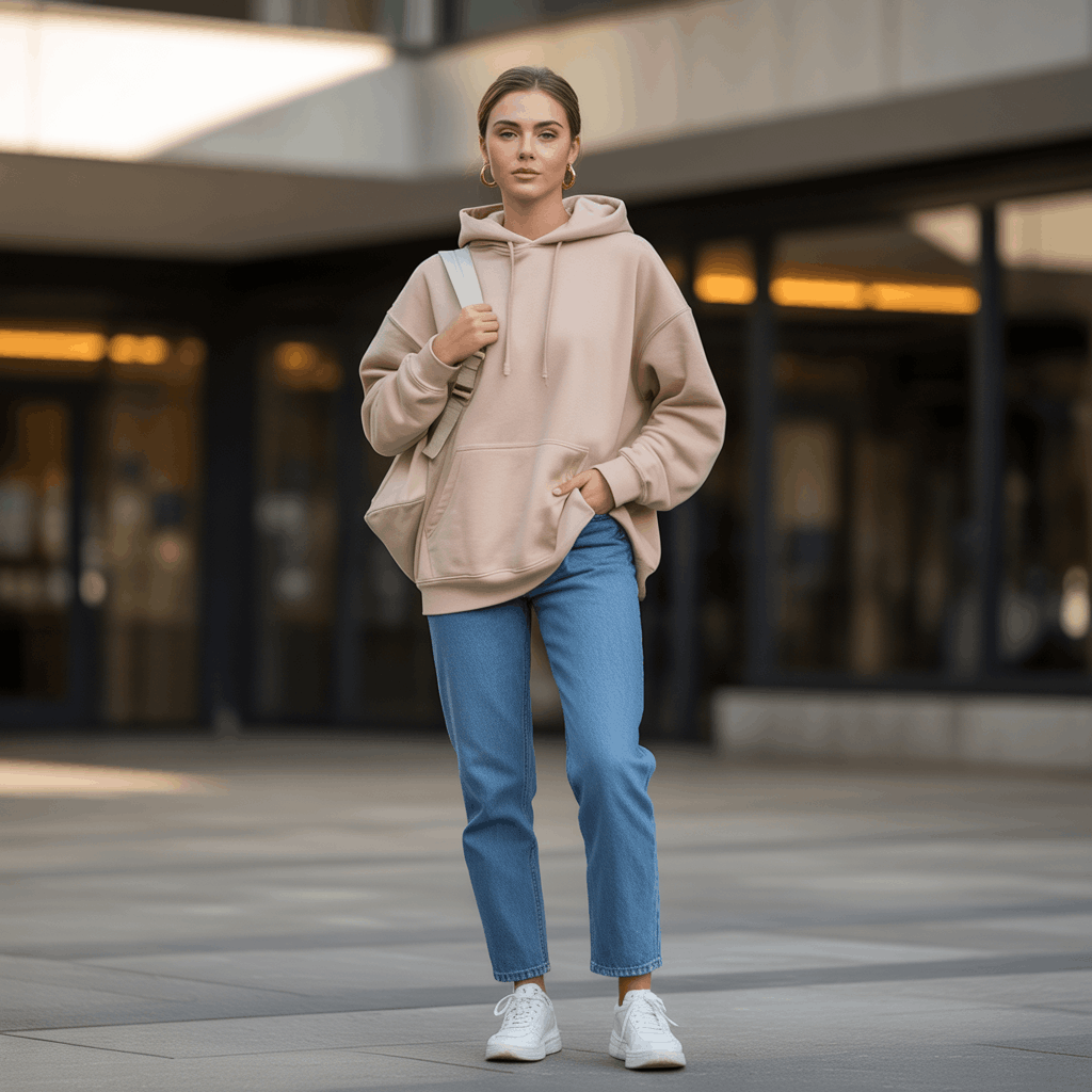 32 Elegant Beige Outfits for Women With a Classic, Old-Money-Inspired Feel 83 Woman in a beige hoodie and straight jeans styled as a casual school beige outfit.