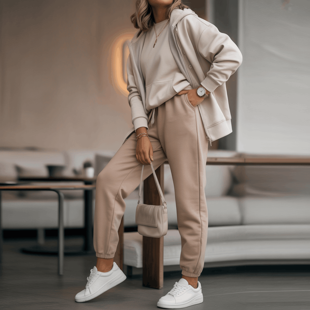 32 Elegant Beige Outfits for Women With a Classic, Old-Money-Inspired Feel 7 Woman wearing beige joggers and a matching hoodie in soft beige clothing for a cozy travel-ready athleisure look.