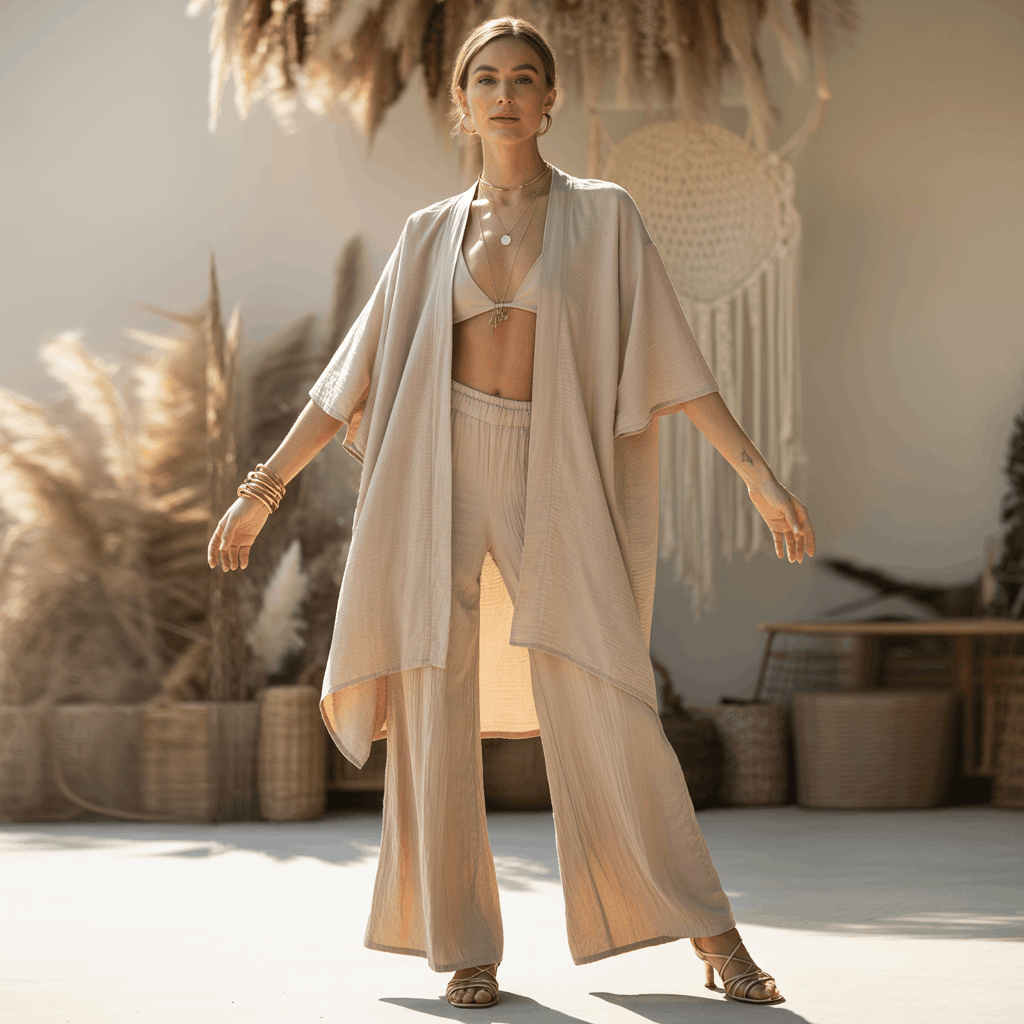 32 Elegant Beige Outfits for Women With a Classic, Old-Money-Inspired Feel 72 Woman in a beige kimono cardigan and flare pants wearing a soft bohemian neutral outfit.