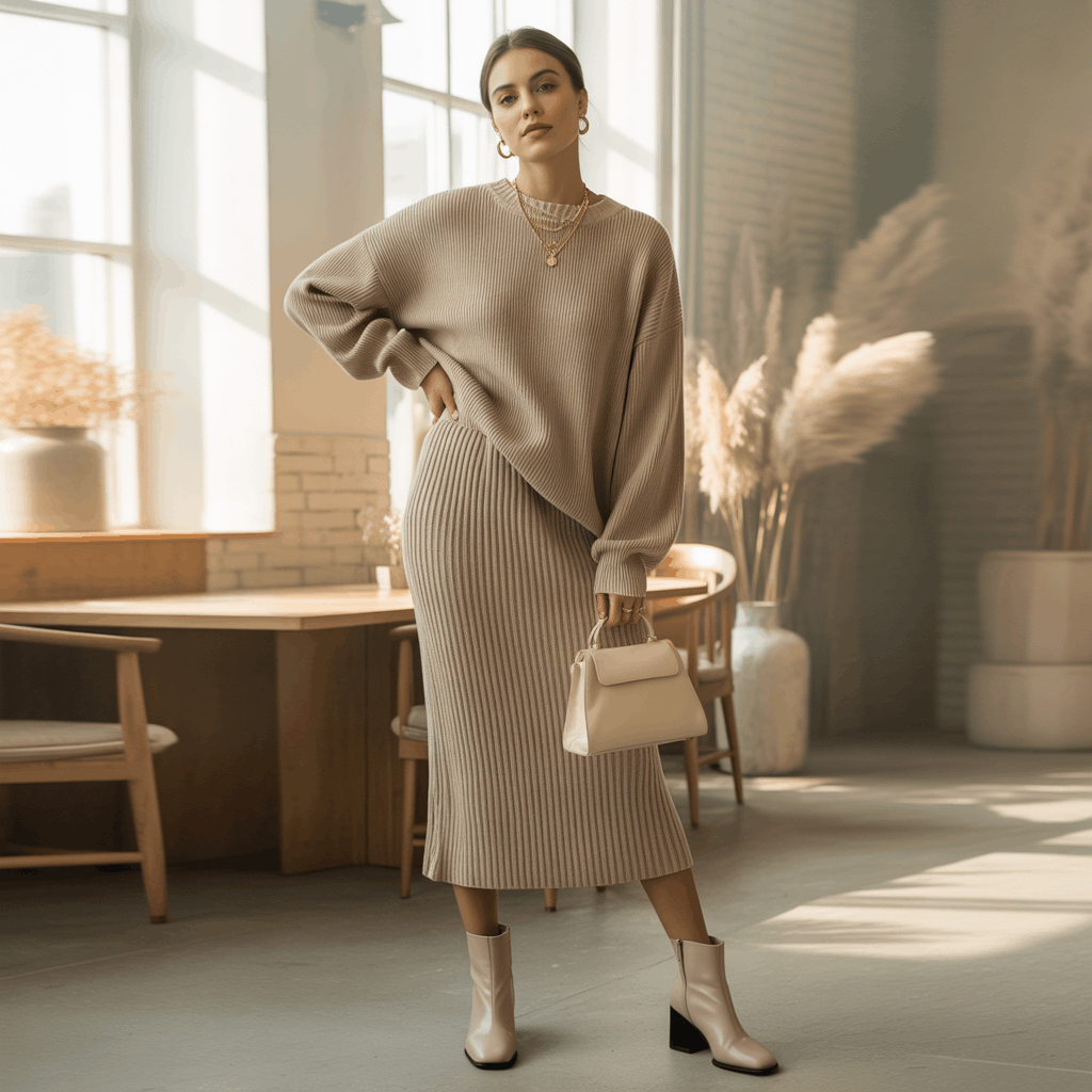 32 Elegant Beige Outfits for Women With a Classic, Old-Money-Inspired Feel 12 Beige knit skirt set with a matching sweater creating a soft and polished old money aesthetic women look.