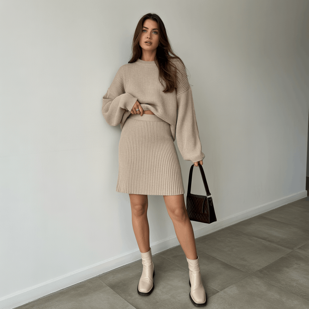 32 Elegant Beige Outfits for Women With a Classic, Old-Money-Inspired Feel 11 Woman in a beige knit skirt and matching sweater styled as elegant old money women outfits