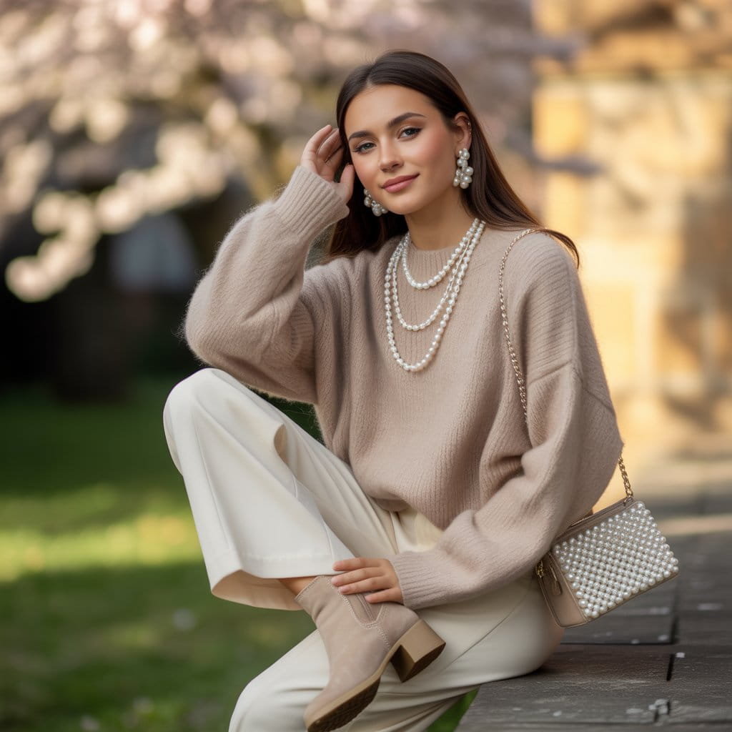 32 Elegant Beige Outfits for Women With a Classic, Old-Money-Inspired Feel 52 Woman in a beige knit top with pearl accessories styled as an elegant soft aesthetic outfit.