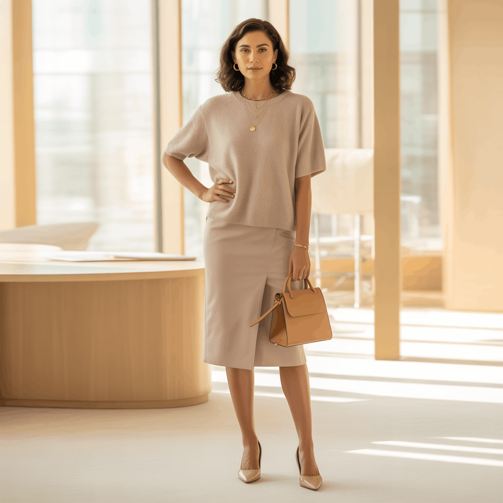 32 Elegant Beige Outfits for Women With a Classic, Old-Money-Inspired Feel 31 Woman in a beige knit top and pencil skirt styled as a smart workwear beige outfit for long office hours.