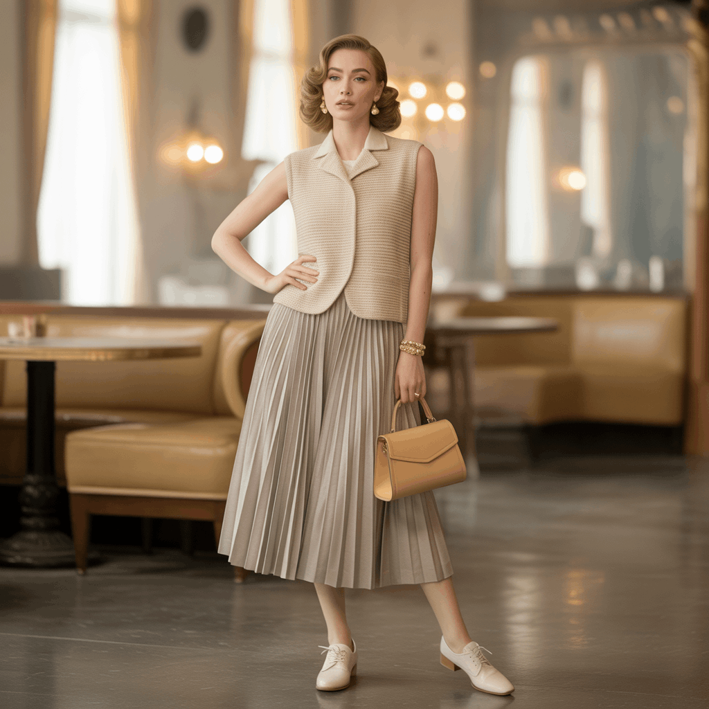 32 Elegant Beige Outfits for Women With a Classic, Old-Money-Inspired Feel 95 Woman in a beige knit vest and pleated skirt wearing a soft retro-inspired outfit.